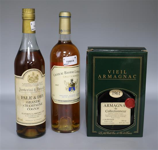 One bottle of Dupeyron 1961 Armagnac, Chateau Bastor-Lamontagne Sauternes 1997 & Justerini & Brooks Grand Champagne Cognac (3)